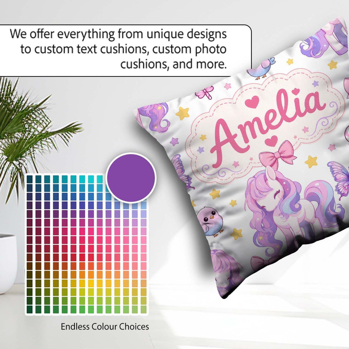 Custom Name Cute Pastel Unicorn Butterfly Candy Stars Light Grey Square Filled Cushion Throw Pillow Sofa Bed Home Decor Zip Washable UK Made