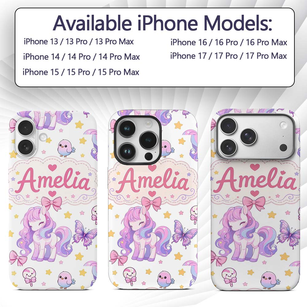 Cute Pastel Unicorn Butterfly Candy Stars Light Custom Name Protective Phone Case Mobile Cover Durable Everyday Smartphone Shock Resistant