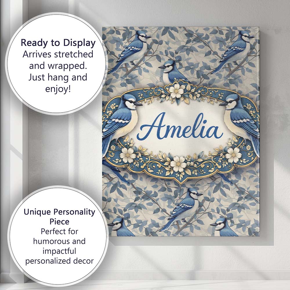 Personalised Name Blue Jay Bird Neutral Botanical Leaf Classic Custom Modern Room Accent Canvas Wall Art Print Decor Picture Ready to Hang