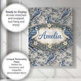 Personalised Name Blue Jay Bird Neutral Botanical Leaf Classic Custom Modern Room Accent Canvas Wall Art Print Decor Picture Ready to Hang