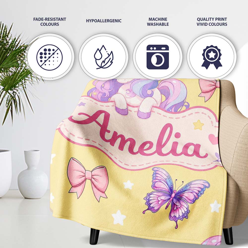 Cute Pastel Unicorn Butterfly Candy Stars Yellow Background Seamless  Personalised Custom Name Super Soft Fleece Blanket Bed Sofa Throw