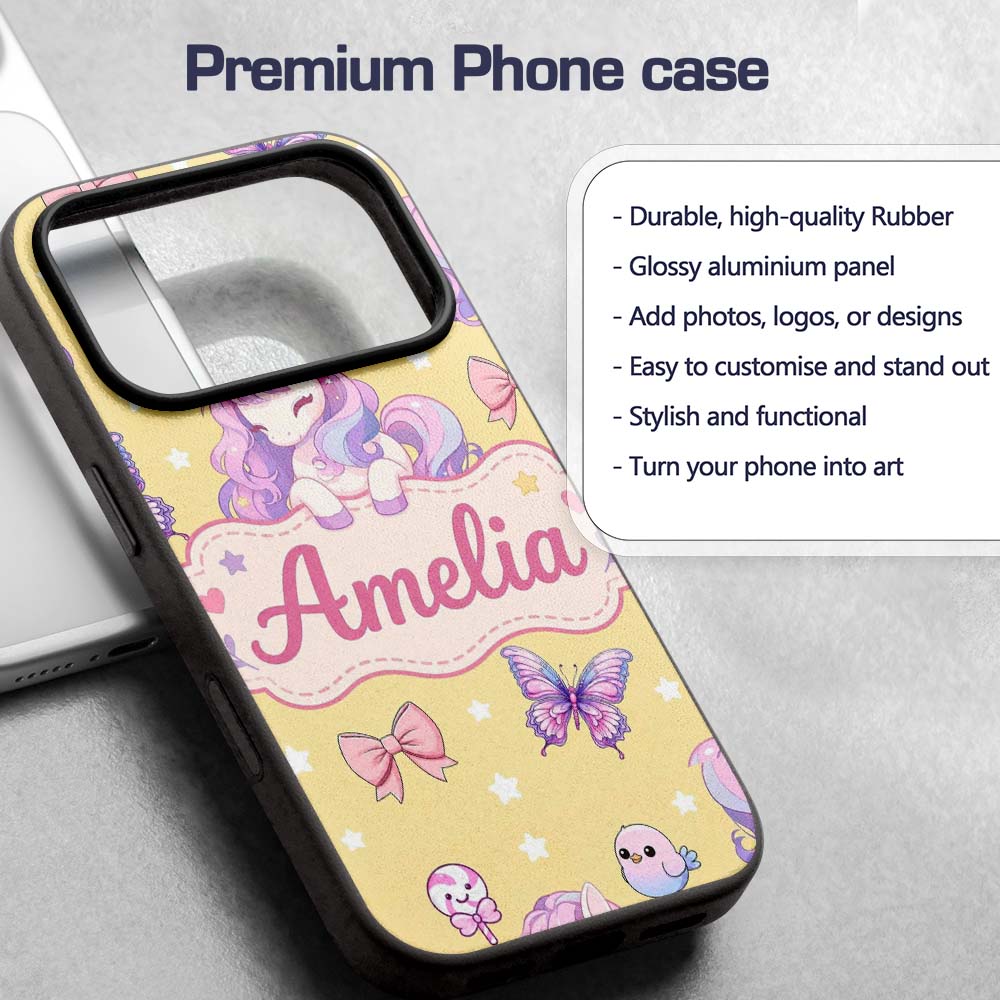 Cute Pastel Unicorn Butterfly Candy Stars Yellow Custom Name Protective Phone Case Mobile Cover Durable Everyday Smartphone Shock Resistant