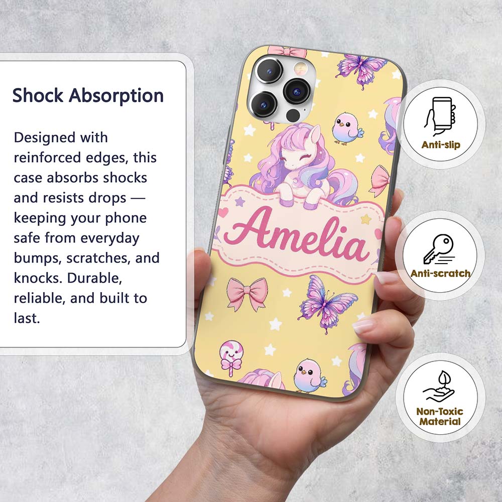 Cute Pastel Unicorn Butterfly Candy Stars Yellow Custom Name Protective Phone Case Mobile Cover Durable Everyday Smartphone Shock Resistant