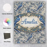 Personalised Name Blue Jay Bird Neutral Botanical Leaf Classic Custom Modern Room Accent Canvas Wall Art Print Decor Picture Ready to Hang