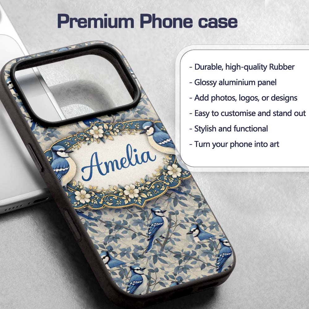 Blue Jay Bird Neutral Botanical Leaf Classic Custom Name Protective Phone Case Mobile Cover Durable Everyday Smartphone Shock Resistant