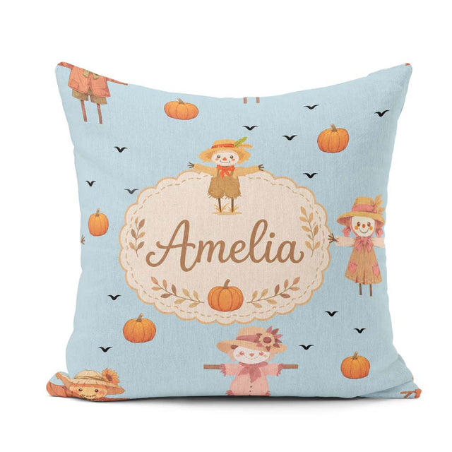 Custom Name Autumn Scarecrow Pumpkin Birds Seamless Pattern Blue Square Filled Cushion Throw Pillow Sofa Bed Home Decor Zip Washable UK Made