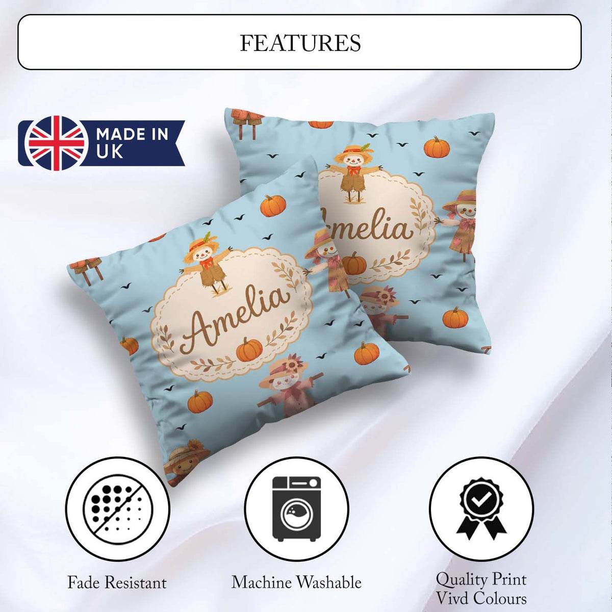 Custom Name Autumn Scarecrow Pumpkin Birds Seamless Pattern Blue Square Filled Cushion Throw Pillow Sofa Bed Home Decor Zip Washable UK Made