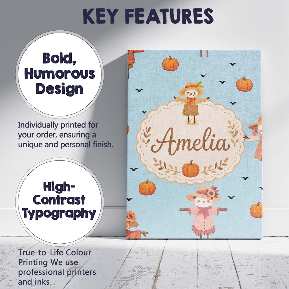 Personalised Name Cute Autumn Scarecrow Custom  Modern Room Accent Elegant Feature Canvas Wall Art Print Decor Picture Ready to Hang