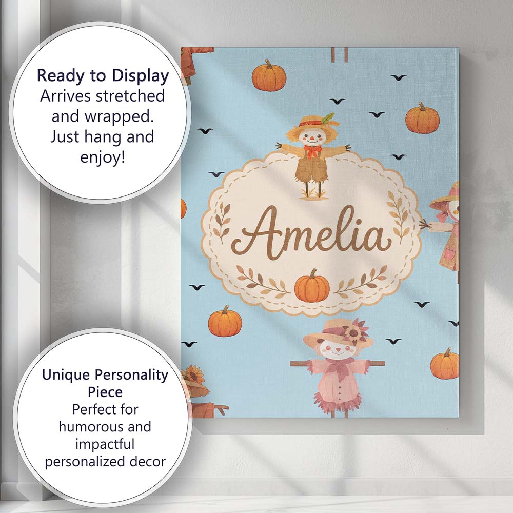 Personalised Name Cute Autumn Scarecrow Custom  Modern Room Accent Elegant Feature Canvas Wall Art Print Decor Picture Ready to Hang