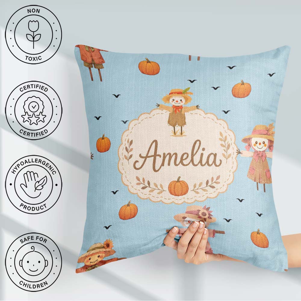 Custom Name Autumn Scarecrow Pumpkin Birds Seamless Pattern Blue Square Filled Cushion Throw Pillow Sofa Bed Home Decor Zip Washable UK Made
