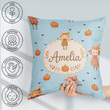 Custom Name Autumn Scarecrow Pumpkin Birds Seamless Pattern Blue Square Filled Cushion Throw Pillow Sofa Bed Home Decor Zip Washable UK Made