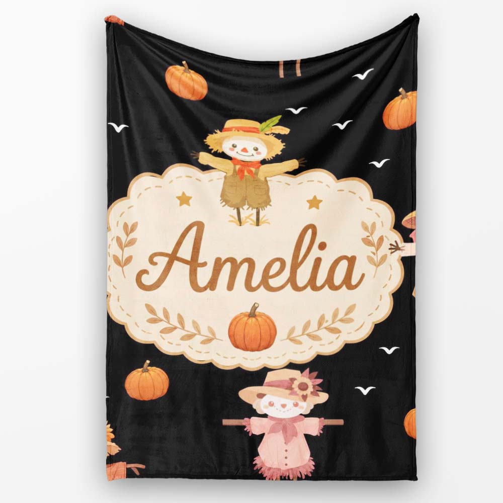 Cute Autumn Scarecrow Pumpkin Birds Seamless Pattern Black Lovely  Personalised Custom Name Super Soft Fleece Blanket Bed Sofa Throw