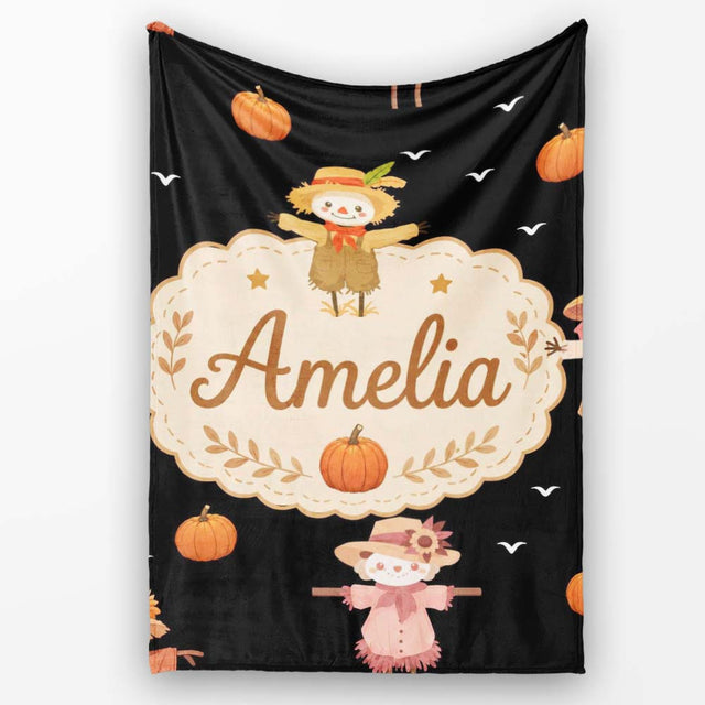 Cute Autumn Scarecrow Pumpkin Birds Seamless Pattern Black Lovely  Personalised Custom Name Super Soft Fleece Blanket Bed Sofa Throw
