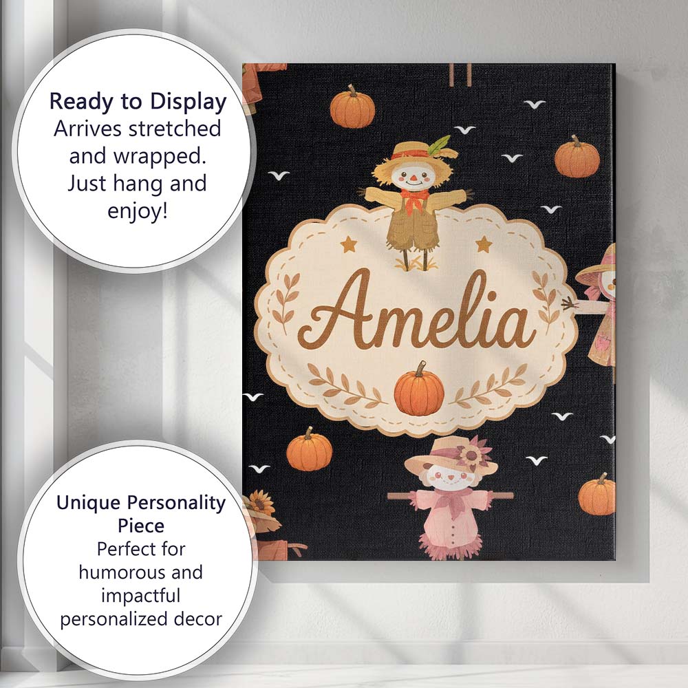 Personalised Name Cute Autumn Scarecrow Custom  Modern Room Accent Elegant Feature Canvas Wall Art Print Decor Picture Ready to Hang