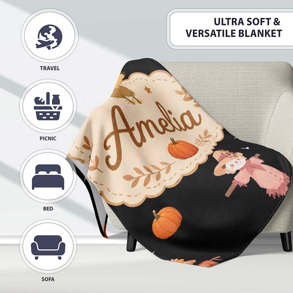 Cute Autumn Scarecrow Pumpkin Birds Seamless Pattern Black Lovely  Personalised Custom Name Super Soft Fleece Blanket Bed Sofa Throw