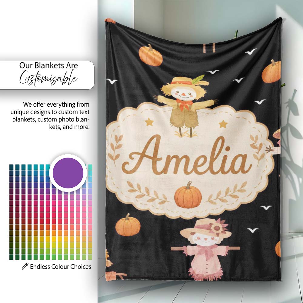 Cute Autumn Scarecrow Pumpkin Birds Seamless Pattern Black Lovely  Personalised Custom Name Super Soft Fleece Blanket Bed Sofa Throw