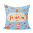Custom Name Cute Autumn Scarecrow Pumpkin Birds Pattern Sky Blue Square Filled Cushion Throw Pillow Sofa Bed Home Decor Zip Washable UK Made