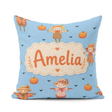 Custom Name Cute Autumn Scarecrow Pumpkin Birds Pattern Sky Blue Square Filled Cushion Throw Pillow Sofa Bed Home Decor Zip Washable UK Made