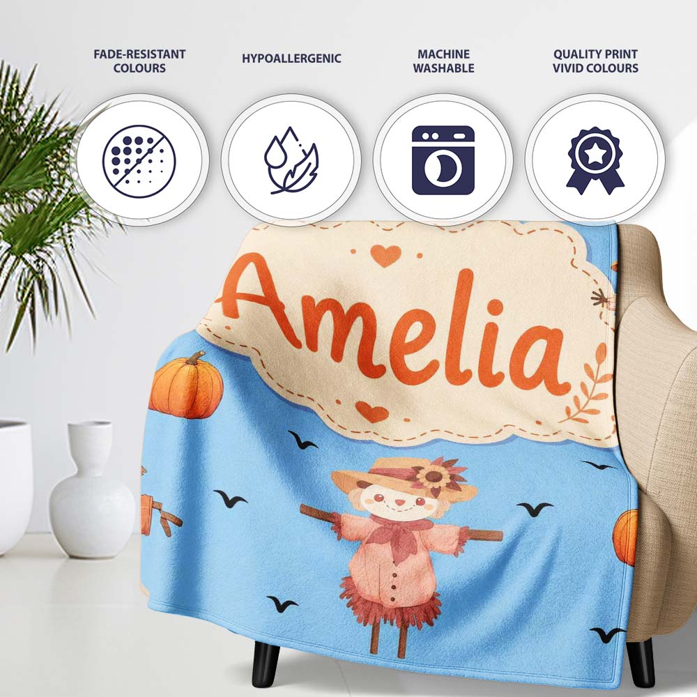 Cute Autumn Scarecrow Pumpkin Birds Seamless Pattern Sky Blue Lovely  Personalised Custom Name Super Soft Fleece Blanket Bed Sofa Throw
