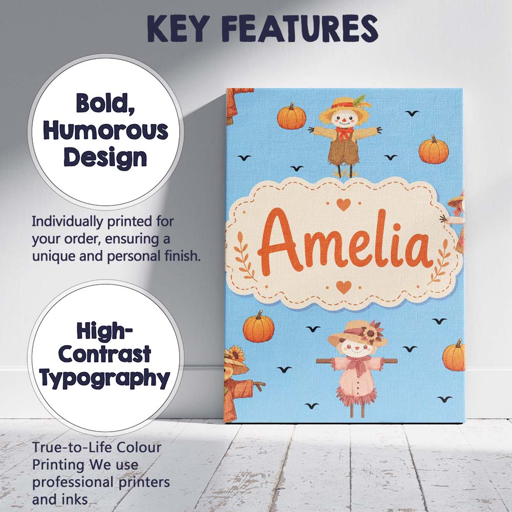 Personalised Name Cute Autumn Scarecrow Custom  Modern Room Accent Elegant Feature Canvas Wall Art Print Decor Picture Ready to Hang