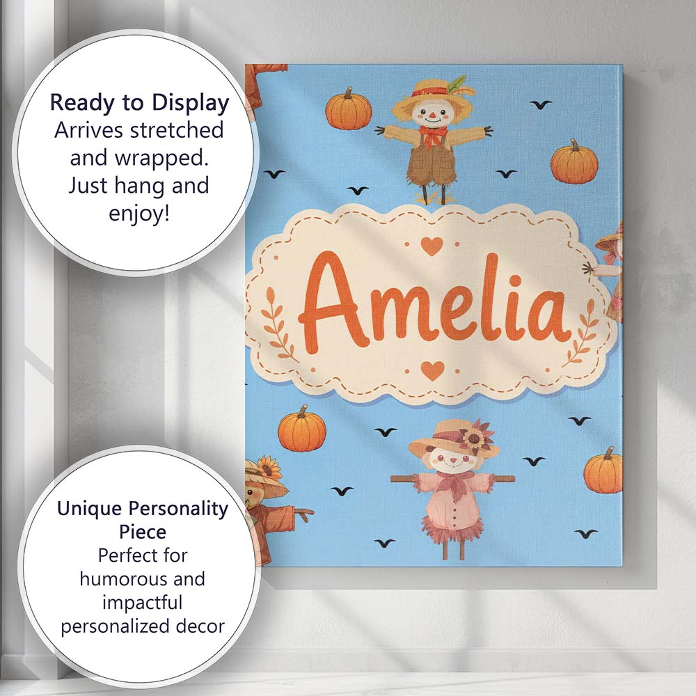 Personalised Name Cute Autumn Scarecrow Custom  Modern Room Accent Elegant Feature Canvas Wall Art Print Decor Picture Ready to Hang
