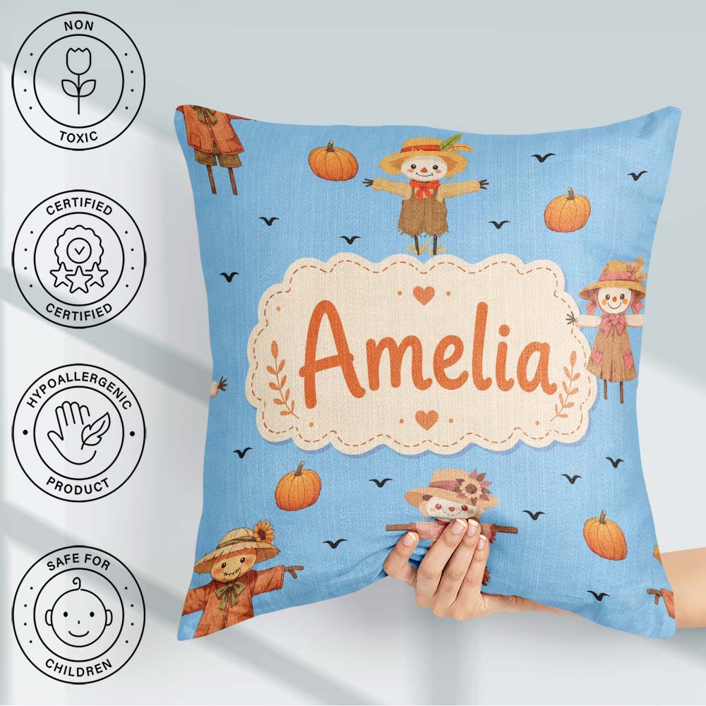 Custom Name Cute Autumn Scarecrow Pumpkin Birds Pattern Sky Blue Square Filled Cushion Throw Pillow Sofa Bed Home Decor Zip Washable UK Made