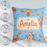 Custom Name Cute Autumn Scarecrow Pumpkin Birds Pattern Sky Blue Square Filled Cushion Throw Pillow Sofa Bed Home Decor Zip Washable UK Made