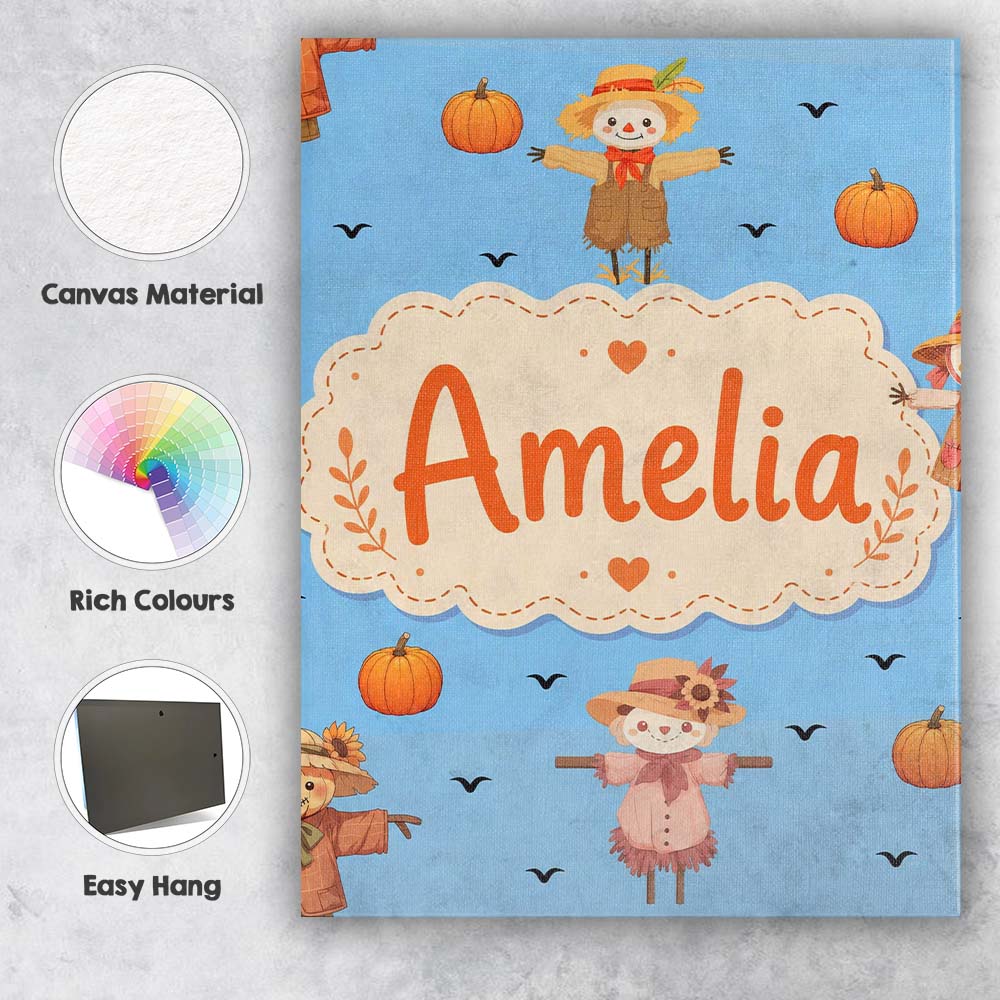 Personalised Name Cute Autumn Scarecrow Custom  Modern Room Accent Elegant Feature Canvas Wall Art Print Decor Picture Ready to Hang