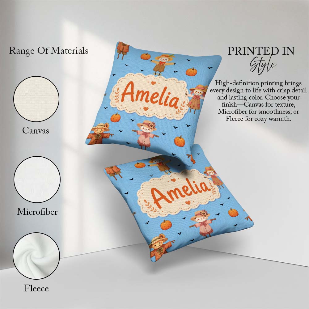 Custom Name Cute Autumn Scarecrow Pumpkin Birds Pattern Sky Blue Square Filled Cushion Throw Pillow Sofa Bed Home Decor Zip Washable UK Made