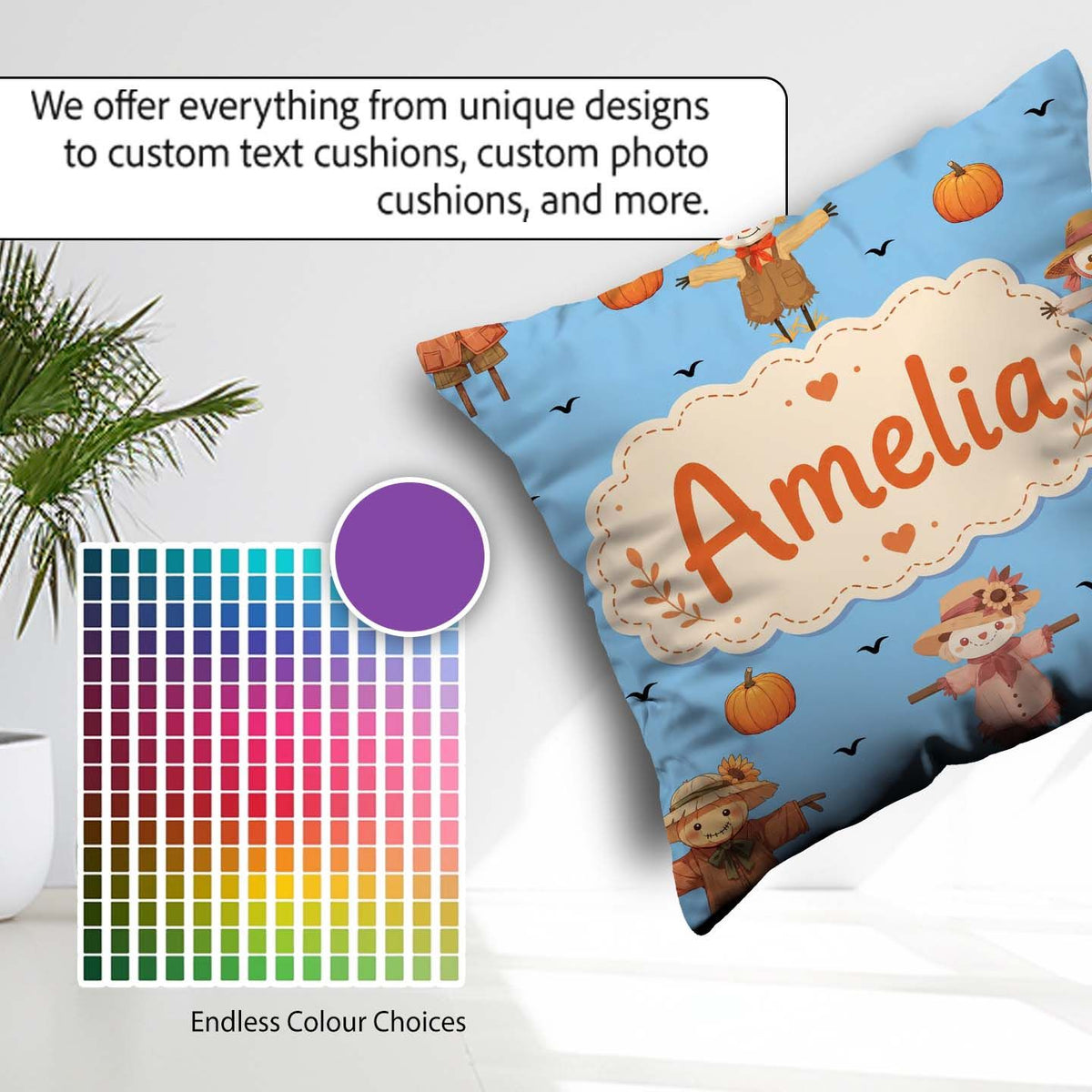 Custom Name Cute Autumn Scarecrow Pumpkin Birds Pattern Sky Blue Square Filled Cushion Throw Pillow Sofa Bed Home Decor Zip Washable UK Made