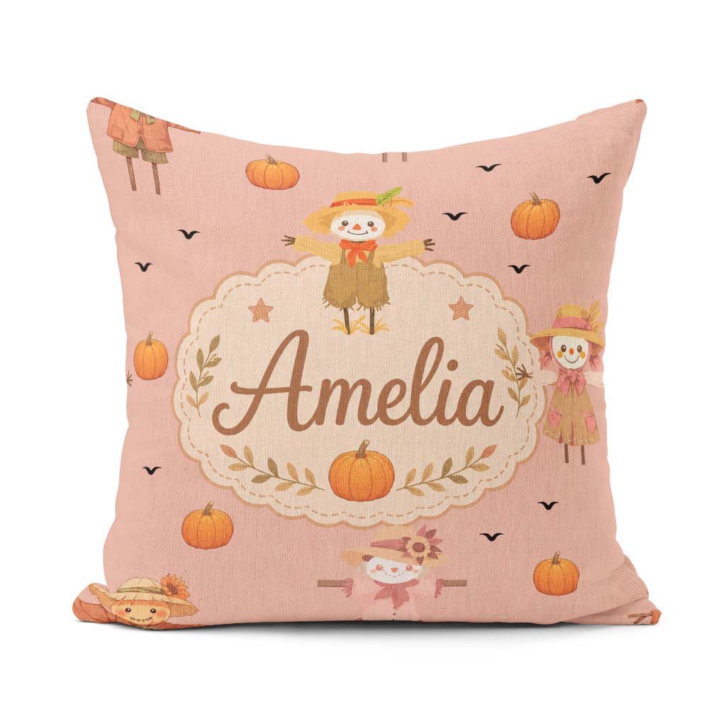 Custom Name Cute Autumn Scarecrow Pumpkin Birds Seamless Pattern Square Filled Cushion Throw Pillow Sofa Bed Home Decor Zip Washable UK Made