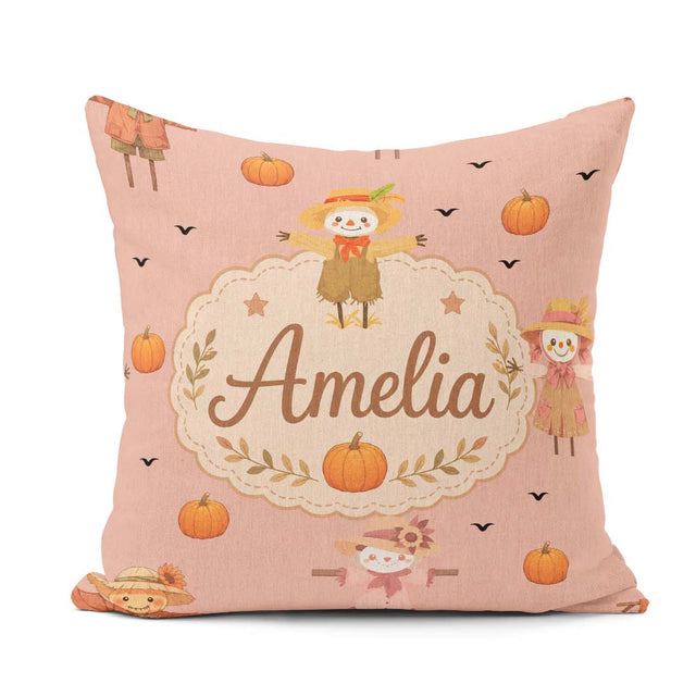 Custom Name Cute Autumn Scarecrow Pumpkin Birds Seamless Pattern Square Filled Cushion Throw Pillow Sofa Bed Home Decor Zip Washable UK Made