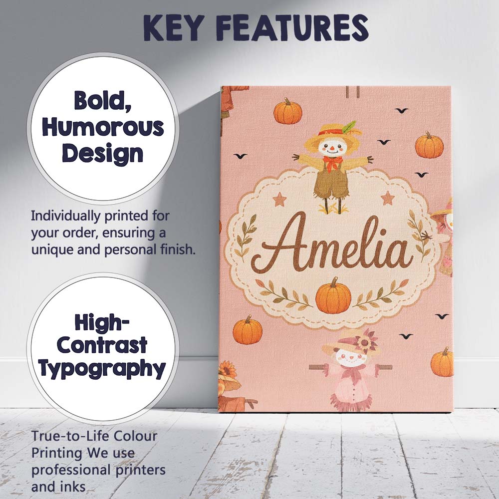 Personalised Name Cute Autumn Scarecrow Custom  Modern Room Accent Elegant Feature Canvas Wall Art Print Decor Picture Ready to Hang