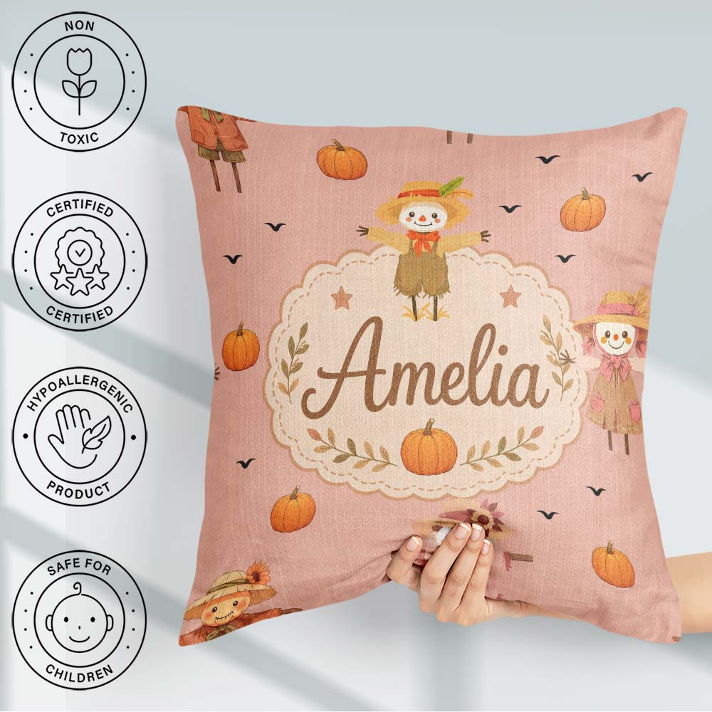 Custom Name Cute Autumn Scarecrow Pumpkin Birds Seamless Pattern Square Filled Cushion Throw Pillow Sofa Bed Home Decor Zip Washable UK Made