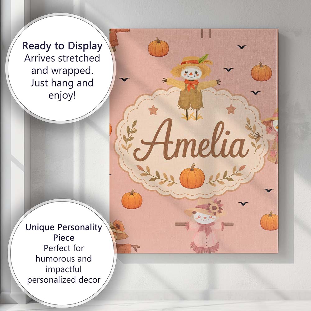 Personalised Name Cute Autumn Scarecrow Custom  Modern Room Accent Elegant Feature Canvas Wall Art Print Decor Picture Ready to Hang