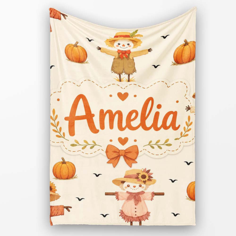 Cute Autumn Scarecrow Pumpkin Birds Seamless Pattern Cream Lovely  Personalised Custom Name Super Soft Fleece Blanket Bed Sofa Throw