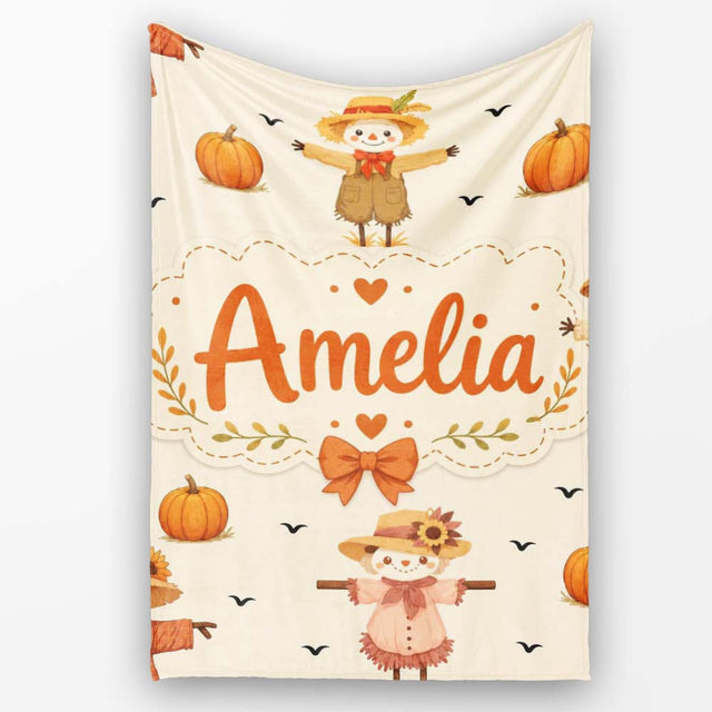 Cute Autumn Scarecrow Pumpkin Birds Seamless Pattern Cream Lovely  Personalised Custom Name Super Soft Fleece Blanket Bed Sofa Throw