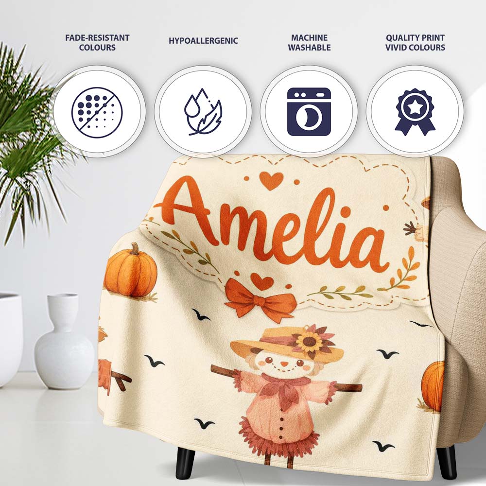 Cute Autumn Scarecrow Pumpkin Birds Seamless Pattern Cream Lovely  Personalised Custom Name Super Soft Fleece Blanket Bed Sofa Throw