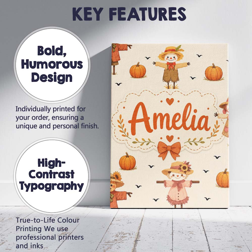 Personalised Name Cute Autumn Scarecrow Custom  Modern Room Accent Elegant Feature Canvas Wall Art Print Decor Picture Ready to Hang