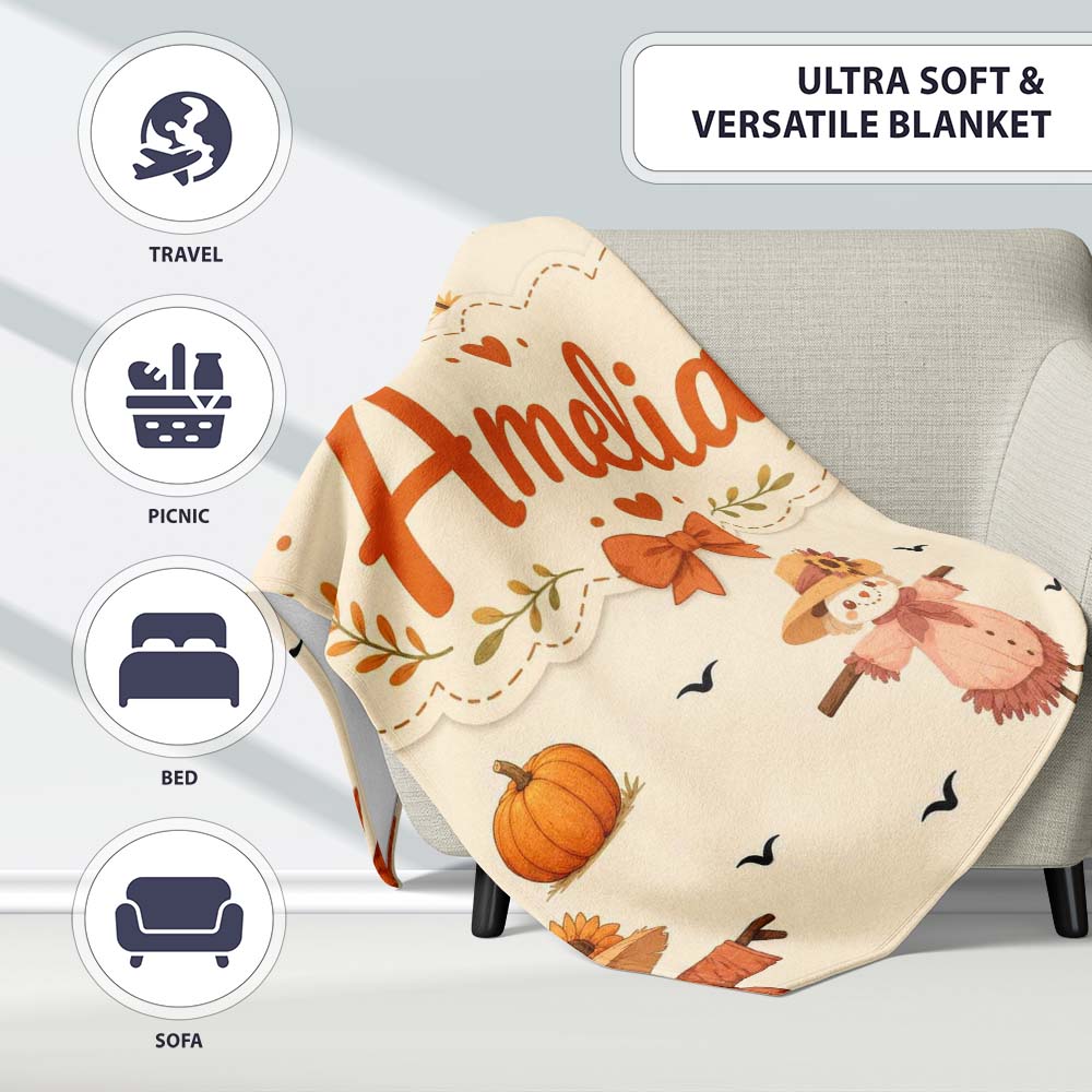 Cute Autumn Scarecrow Pumpkin Birds Seamless Pattern Cream Lovely  Personalised Custom Name Super Soft Fleece Blanket Bed Sofa Throw