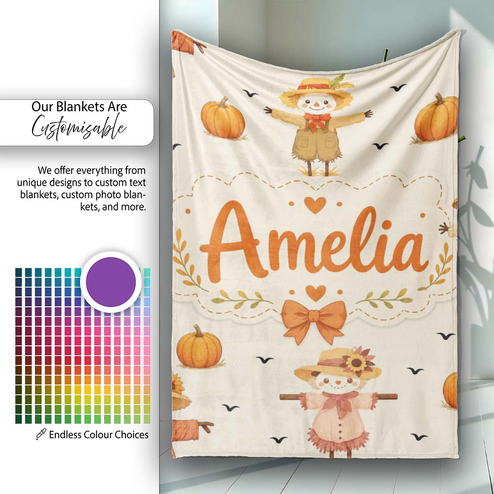 Cute Autumn Scarecrow Pumpkin Birds Seamless Pattern Cream Lovely  Personalised Custom Name Super Soft Fleece Blanket Bed Sofa Throw