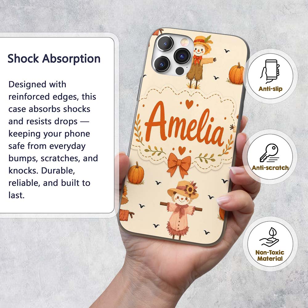 Cute Autumn Scarecrow Pumpkin Birds Seamless Custom Name Protective Phone Case Mobile Cover Durable Everyday Smartphone Shock Resistant