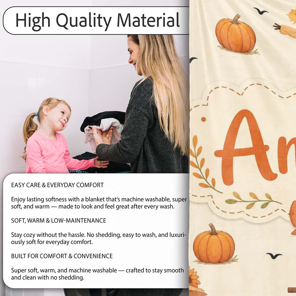 Cute Autumn Scarecrow Pumpkin Birds Seamless Pattern Cream Lovely  Personalised Custom Name Super Soft Fleece Blanket Bed Sofa Throw