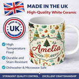 Personalized Custom Name Christmas Trees Ornaments Candy Canes Festive Seamless Pattern 11oz Ceramic Coffee Tea Mug White Large Handle