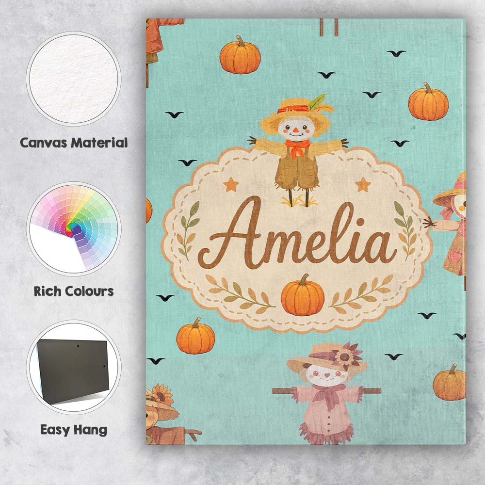 Personalised Name Cute Autumn Scarecrow Custom  Modern Room Accent Elegant Feature Canvas Wall Art Print Decor Picture Ready to Hang