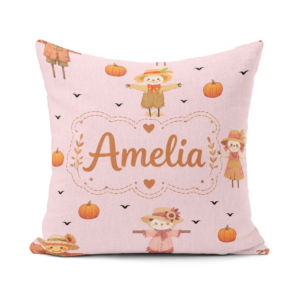 Custom Name Cute Autumn Scarecrow Pumpkin Birds Seamless Pattern Square Filled Cushion Throw Pillow Sofa Bed Home Decor Zip Washable UK Made