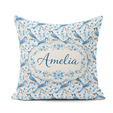 Custom Name Blue Bird Delicate Floral Soft Blue Botanical Nature Square Filled Cushion Throw Pillow Sofa Bed Home Decor Zip Washable UK Made
