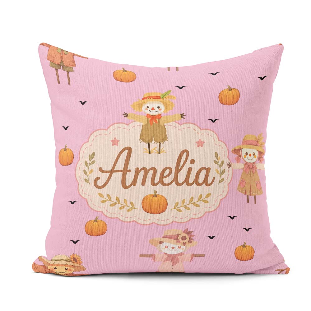 Custom Name Autumn Scarecrow Pumpkin Birds Seamless Pattern Pink Square Filled Cushion Throw Pillow Sofa Bed Home Decor Zip Washable UK Made