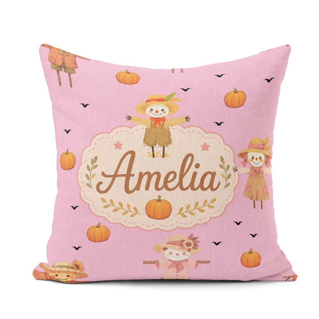 Custom Name Autumn Scarecrow Pumpkin Birds Seamless Pattern Pink Square Filled Cushion Throw Pillow Sofa Bed Home Decor Zip Washable UK Made