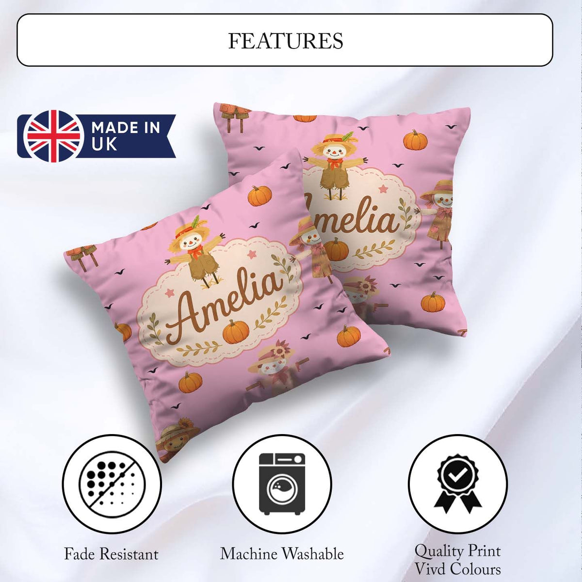 Custom Name Autumn Scarecrow Pumpkin Birds Seamless Pattern Pink Square Filled Cushion Throw Pillow Sofa Bed Home Decor Zip Washable UK Made